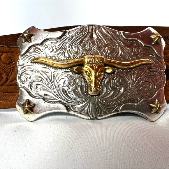 Tony Lama Western Tooled Leather Belt Longhorn Buckle Made in USA Size 26 main image 6